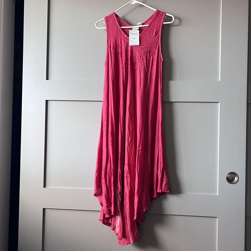 Venice Blue Dress Womens One Size Pink Embroidered Rayon Handkerchief Hem Boho‎